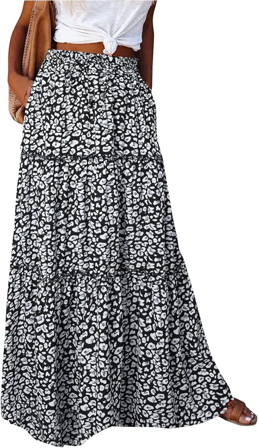 Womens Pleated A-Line Elastic High Waist Maxi Skirt 2025 Summer Casual Trendy Flowy Swing Boho Long Beach Dress