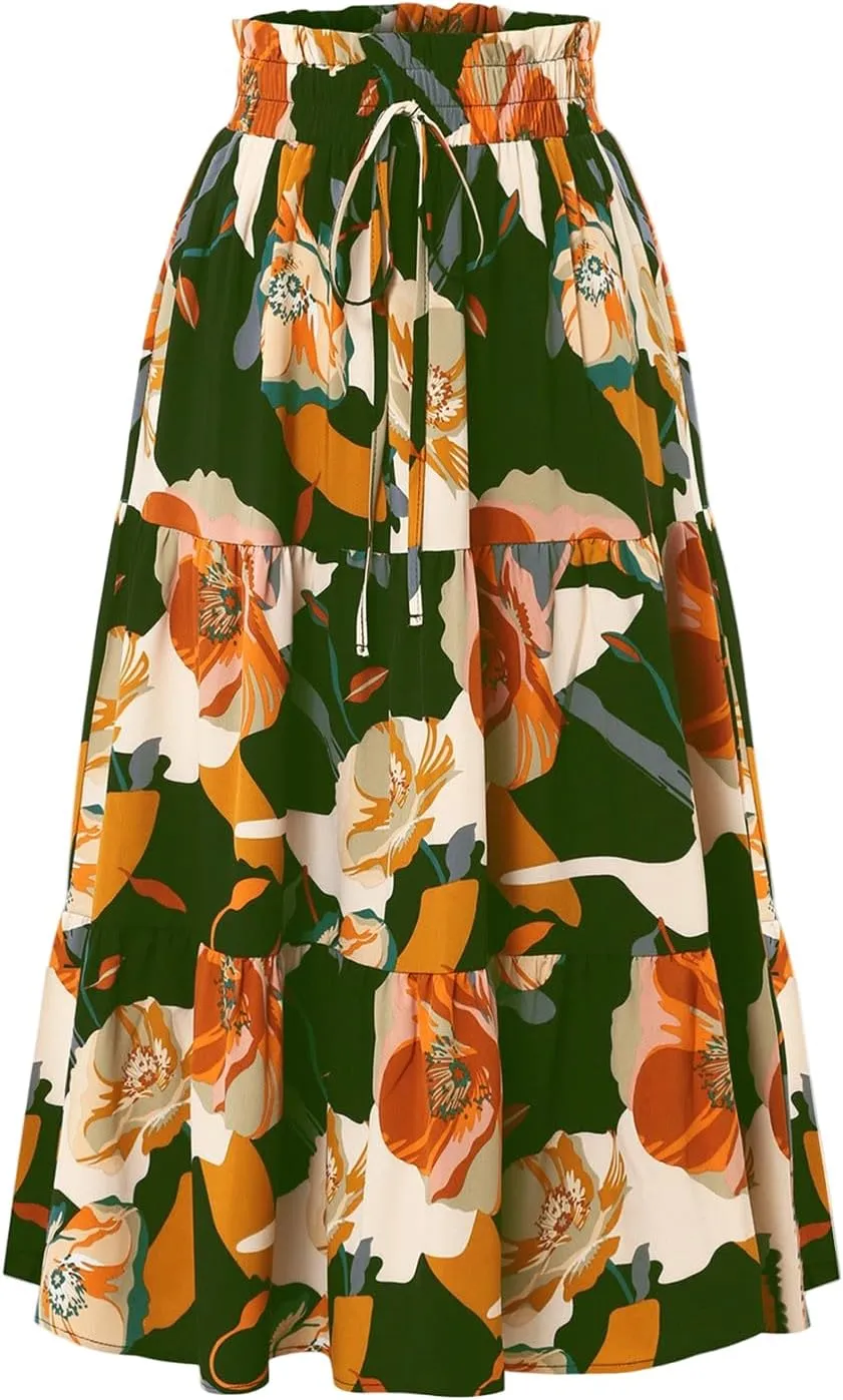 Womens Pleated A-Line Elastic High Waist Maxi Skirt 2025 Summer Casual Trendy Flowy Swing Boho Long Beach Dress