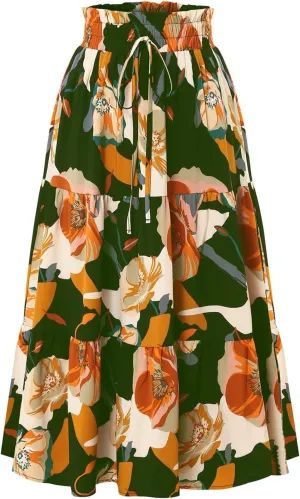 Womens Pleated A-Line Elastic High Waist Maxi Skirt 2025 Summer Casual Trendy Flowy Swing Boho Long Beach Dress