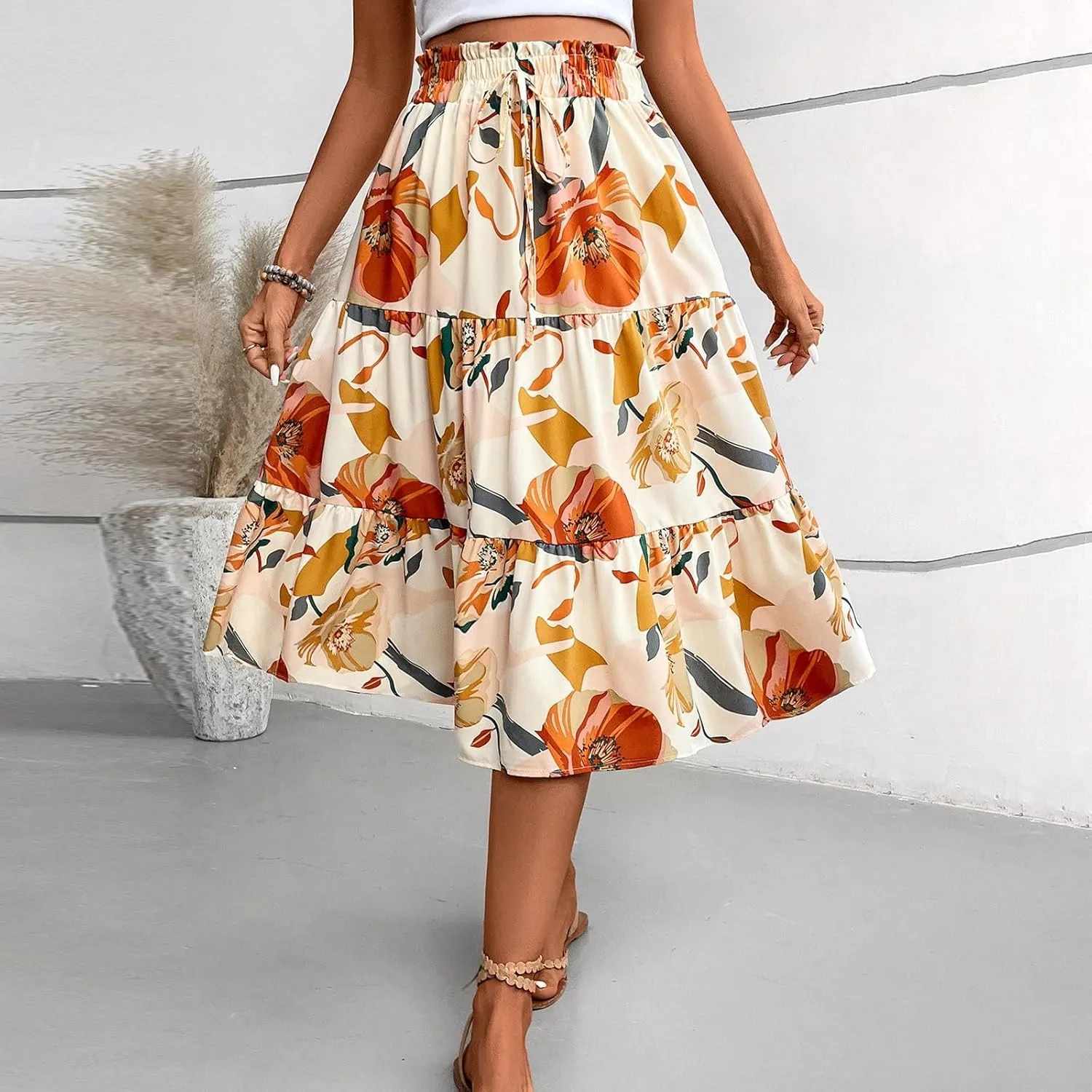 Womens Pleated A-Line Elastic High Waist Maxi Skirt 2025 Summer Casual Trendy Flowy Swing Boho Long Beach Dress