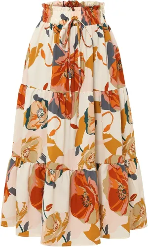Womens Pleated A-Line Elastic High Waist Maxi Skirt 2025 Summer Casual Trendy Flowy Swing Boho Long Beach Dress