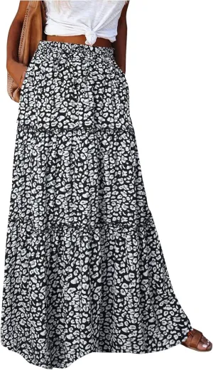 Womens Pleated A-Line Elastic High Waist Maxi Skirt 2025 Summer Casual Trendy Flowy Swing Boho Long Beach Dress