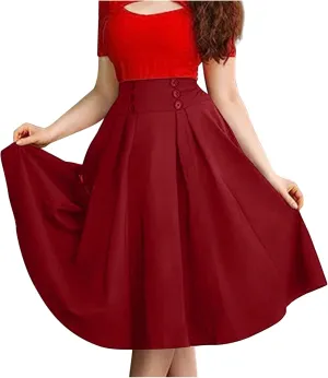 Womens Pleated Skirt High Waist Midi Skirts A Line Vintage Skirts Dressy Casual Button Skirt Elegant Cocktail Skirts