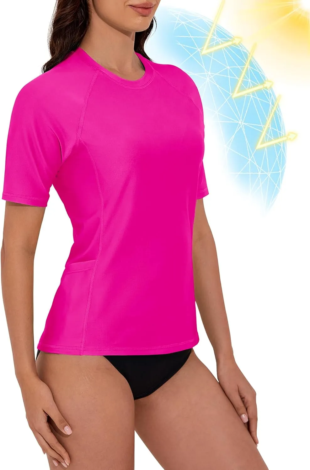 Women's Rash Guard UPF 50  Short Sleeve Swim Shirt Quick Dry Lightweight Bathing Suit Top Swimsuit Top with Pockets