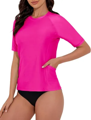 Women's Rash Guard UPF 50  Short Sleeve Swim Shirt Quick Dry Lightweight Bathing Suit Top Swimsuit Top with Pockets