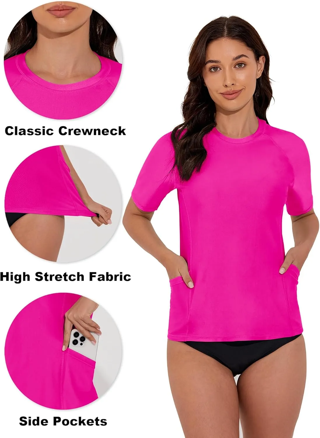 Women's Rash Guard UPF 50  Short Sleeve Swim Shirt Quick Dry Lightweight Bathing Suit Top Swimsuit Top with Pockets