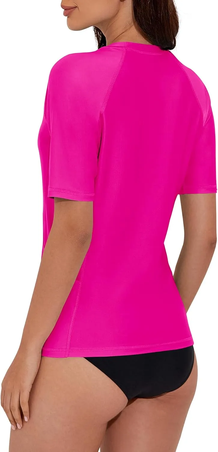 Women's Rash Guard UPF 50  Short Sleeve Swim Shirt Quick Dry Lightweight Bathing Suit Top Swimsuit Top with Pockets