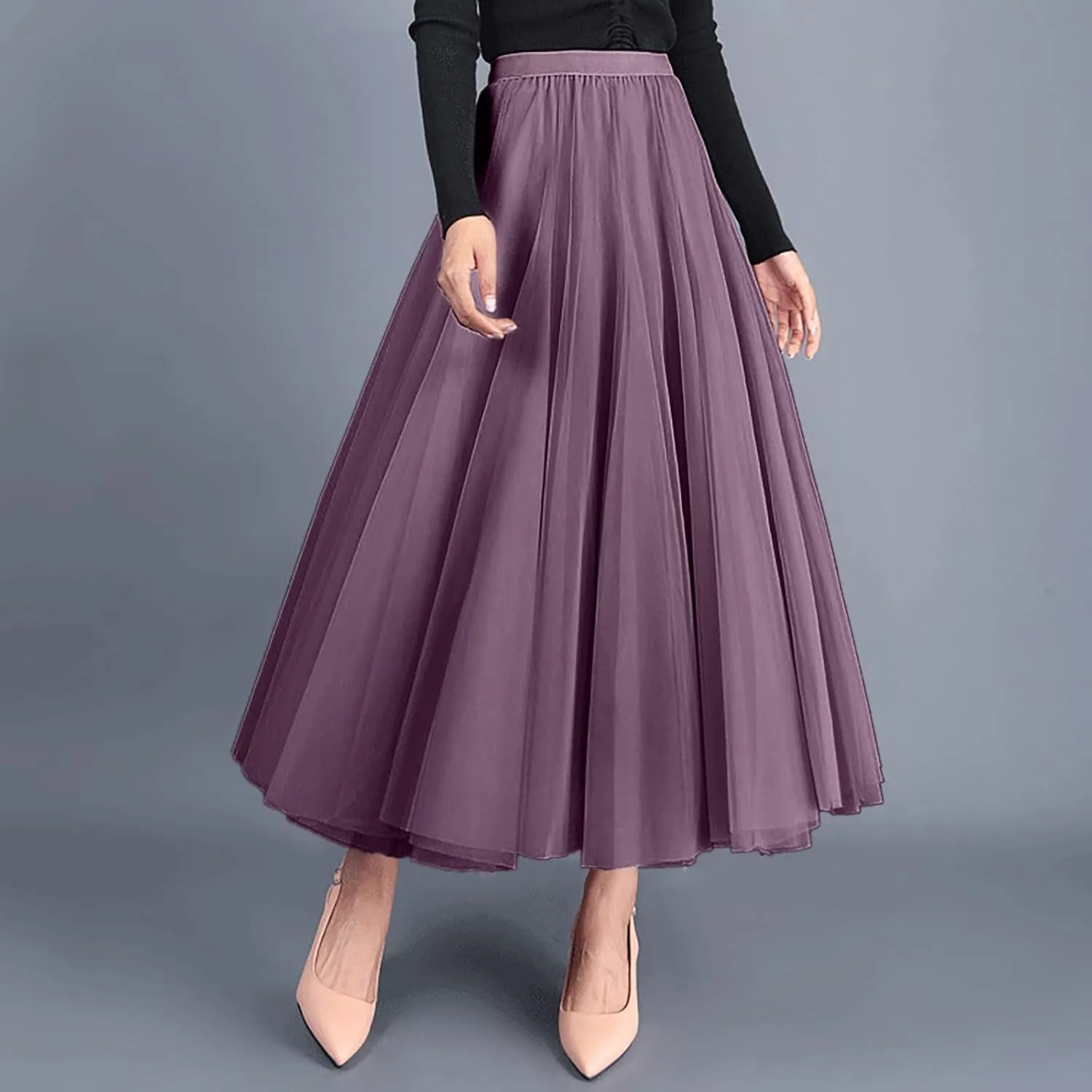 Womens Retro Skirt Women's Tulle Layered Skirt Mesh Pleated Midi Skirts Draped High Waist Elegant Summer A Line
