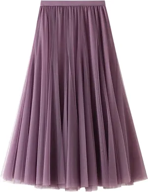 Womens Retro Skirt Women's Tulle Layered Skirt Mesh Pleated Midi Skirts Draped High Waist Elegant Summer A Line