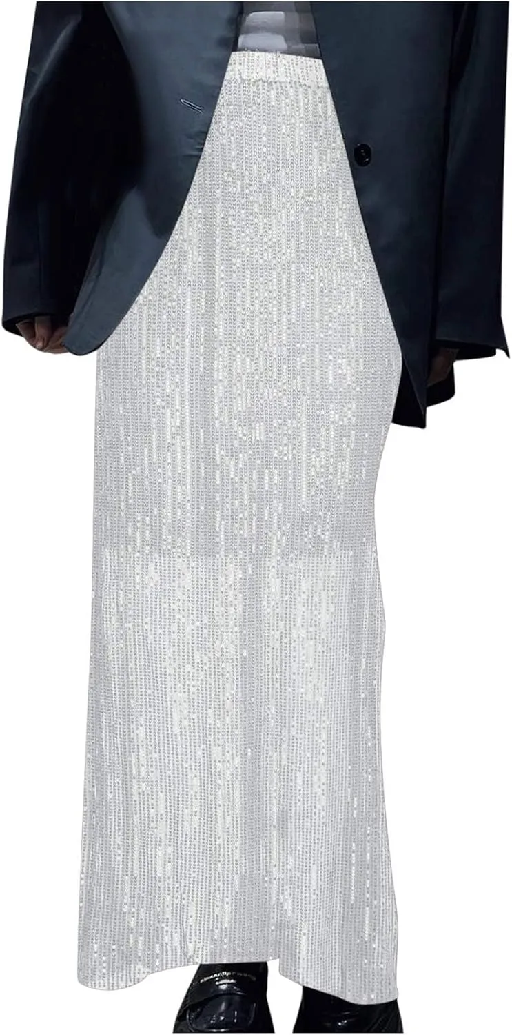 Women's Sequin Maxi Skirts Fashion Stretch High Waist Ankle Length Skirt Casual Slim Fit Long Skirts Party Outfits
