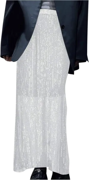 Women's Sequin Maxi Skirts Fashion Stretch High Waist Ankle Length Skirt Casual Slim Fit Long Skirts Party Outfits