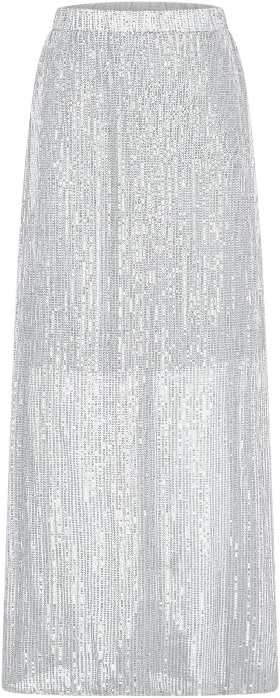 Women's Sequin Maxi Skirts Fashion Stretch High Waist Ankle Length Skirt Casual Slim Fit Long Skirts Party Outfits