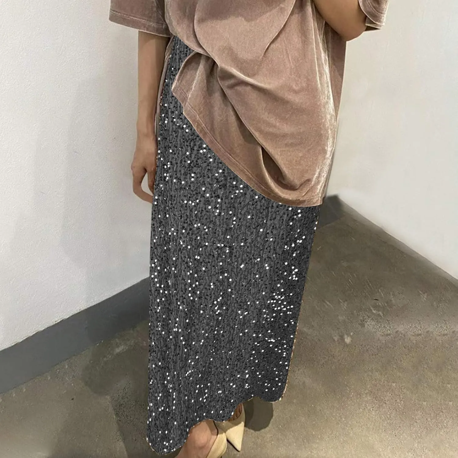 Womens Sequin Skirts Sparkle Glitter High Waisted Skirt Elegant Long Maxi Skirt Flowy Evening Night Out Party Skirts