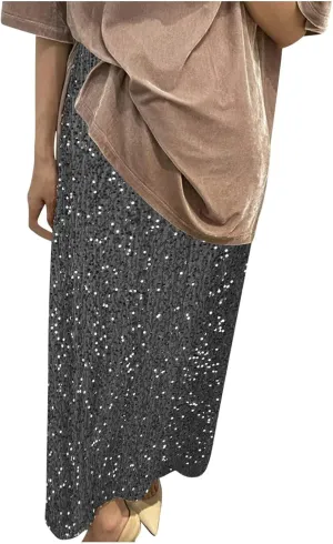 Womens Sequin Skirts Sparkle Glitter High Waisted Skirt Elegant Long Maxi Skirt Flowy Evening Night Out Party Skirts