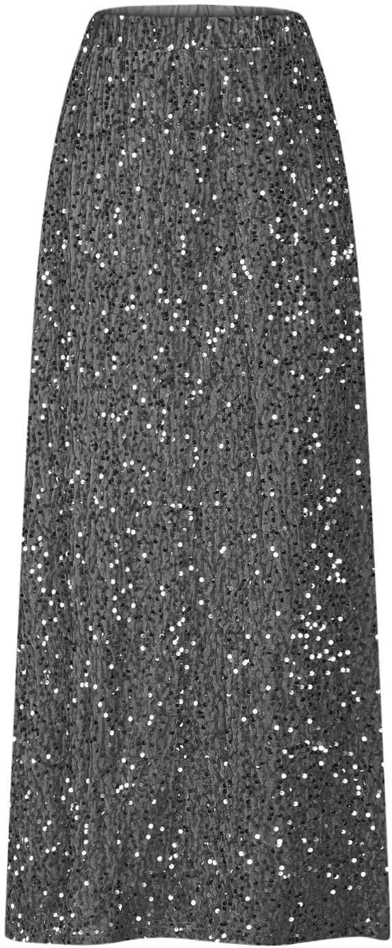 Womens Sequin Skirts Sparkle Glitter High Waisted Skirt Elegant Long Maxi Skirt Flowy Evening Night Out Party Skirts