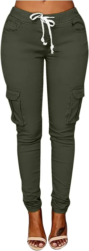 Womens Skinny Cargo Pants Casual Drawstring High Waist Stretch Cargo Joggers Butt Lift Pencil Trousers with Pockets