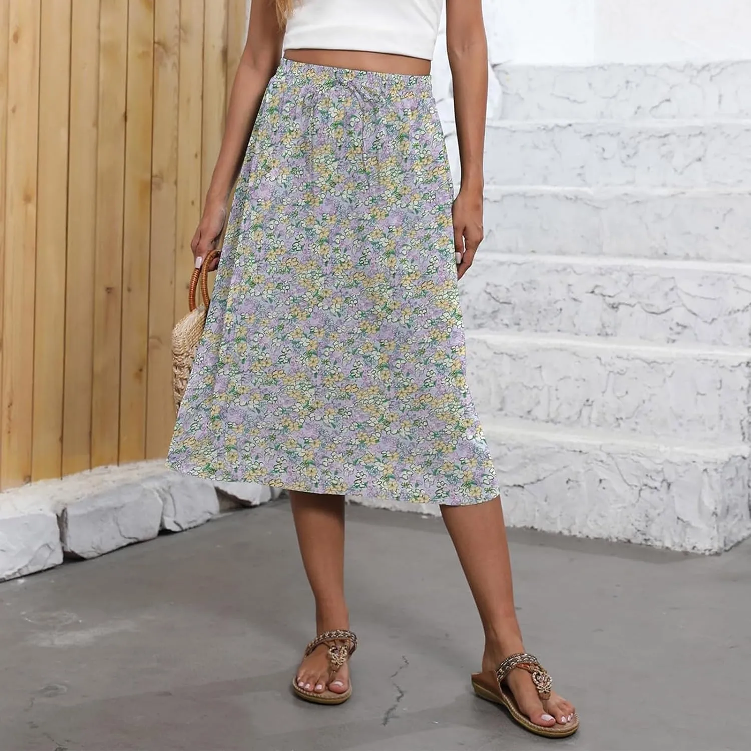 Womens Skirts Midi Length Boho Beach Vacation Flowy Floral Skirt Spring Casual Comfy High Waisted A Line Skirt