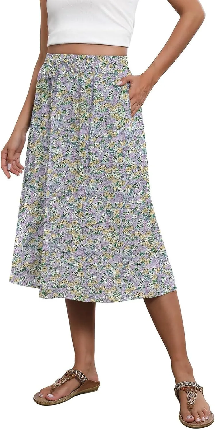 Womens Skirts Midi Length Boho Beach Vacation Flowy Floral Skirt Spring Casual Comfy High Waisted A Line Skirt