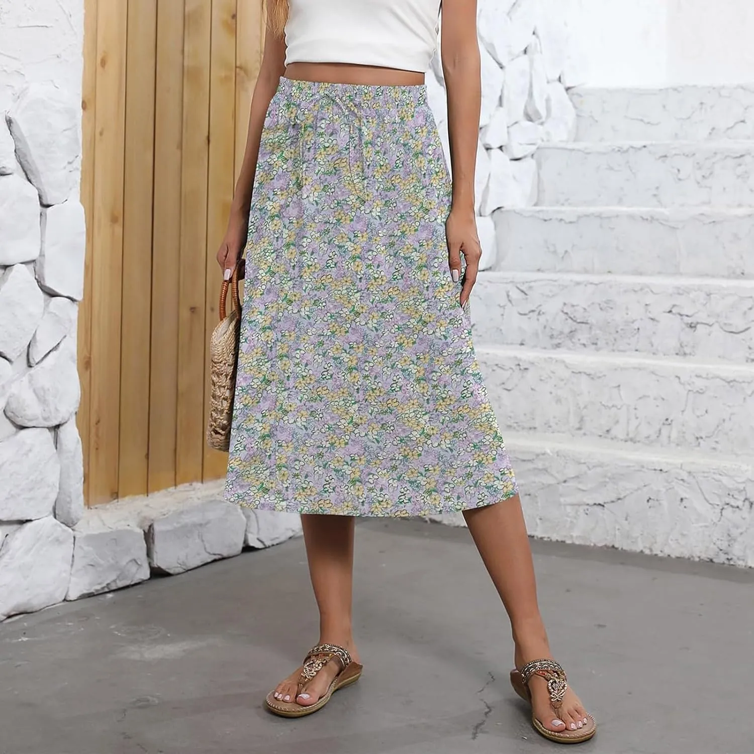 Womens Skirts Midi Length Boho Beach Vacation Flowy Floral Skirt Spring Casual Comfy High Waisted A Line Skirt