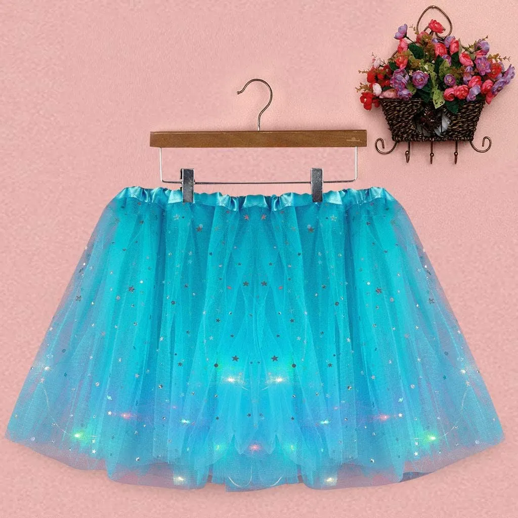 Womens Small Bulb Pleated Princess Skirt Fashion Star Sequin Mini Skirts Tulle Bubble Tutu Skirt Prom Party Shiny Skirt