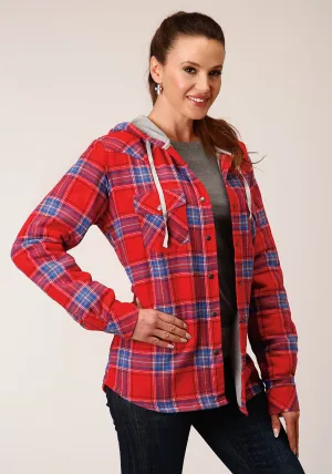 WOMENS SNAP THERMAL LINED FLANNEL SHIRT JACKET CORAL BLUE WHITE PLAID