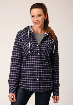 WOMENS SNAP THERMAL LINED FLANNEL SHIRT JACKET NAVY PINK WHITE PLAID