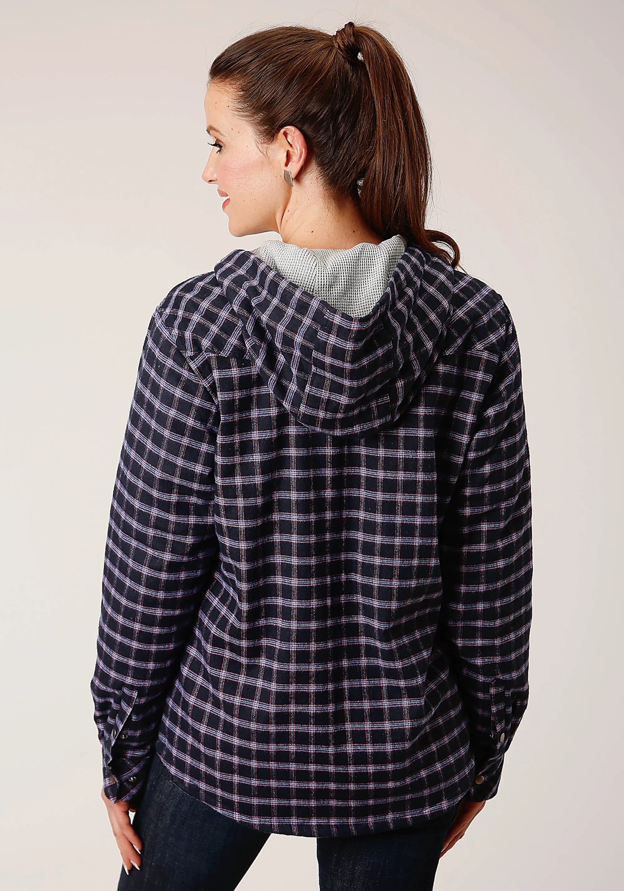 WOMENS SNAP THERMAL LINED FLANNEL SHIRT JACKET NAVY PINK WHITE PLAID