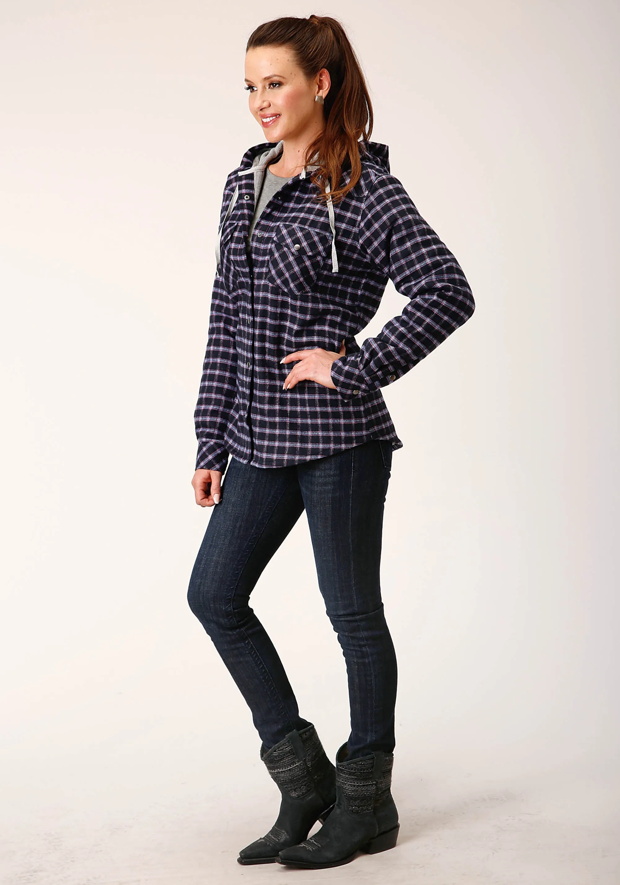 WOMENS SNAP THERMAL LINED FLANNEL SHIRT JACKET NAVY PINK WHITE PLAID