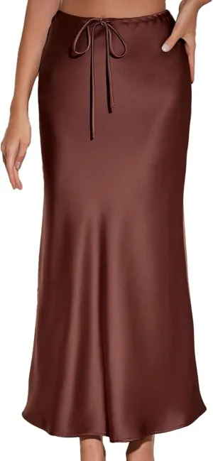 Women's Solid Color Satin Long Dress High Waist Drawstring Dress Fashion Skirts for Women 2024 Trendy