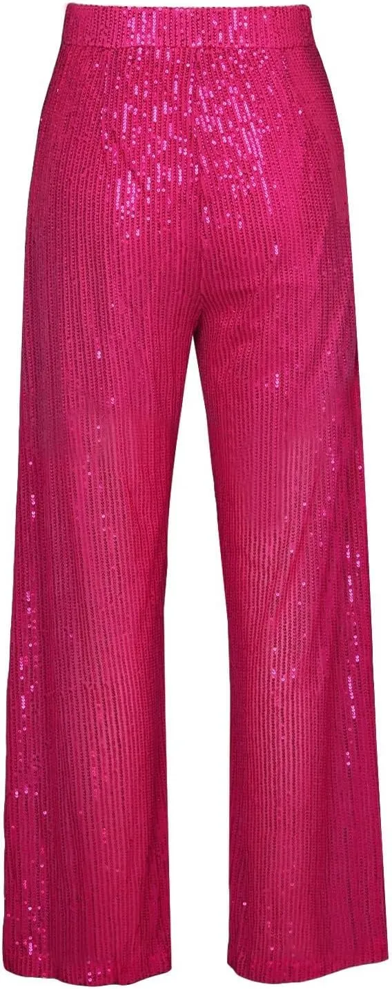 Women's Sparkle Sequin Wide Leg Pants High Waist Shiny Party Clubwear Bling Glitter Trousers Loose Flare Bottom Pants