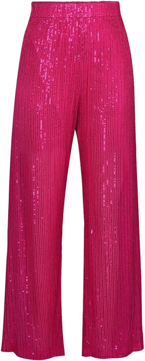 Women's Sparkle Sequin Wide Leg Pants High Waist Shiny Party Clubwear Bling Glitter Trousers Loose Flare Bottom Pants