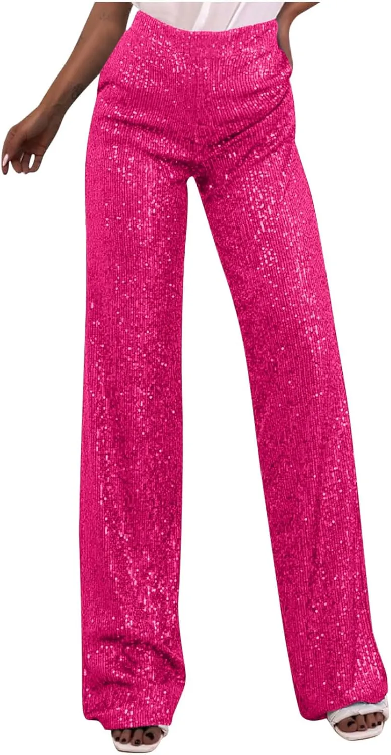 Women's Sparkle Sequin Wide Leg Pants High Waist Shiny Party Clubwear Bling Glitter Trousers Loose Flare Bottom Pants