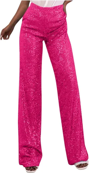 Women's Sparkle Sequin Wide Leg Pants High Waist Shiny Party Clubwear Bling Glitter Trousers Loose Flare Bottom Pants