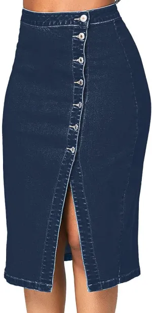 Womens Split Front Button Down Denim Skirt Dressy High Waist Bodycon Midi Skirts Plus Size Casual Jean Pencil Skirt