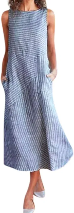 Women's Spring Dresses Casual Striped Sleeveless Round Neck Linen with Pockets Long Maxi Dress Petite, S-2XL