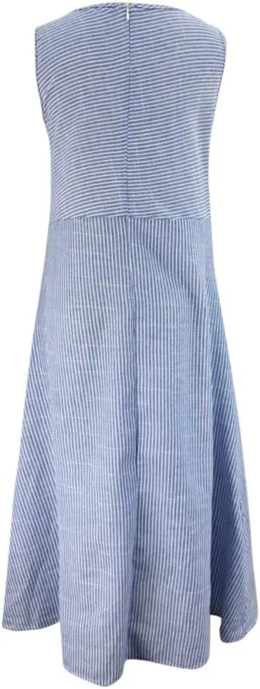 Women's Spring Dresses Casual Striped Sleeveless Round Neck Linen with Pockets Long Maxi Dress Petite, S-2XL