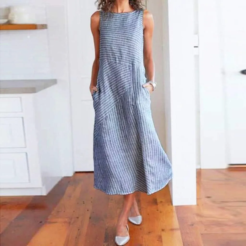 Women's Spring Dresses Casual Striped Sleeveless Round Neck Linen with Pockets Long Maxi Dress Petite, S-2XL