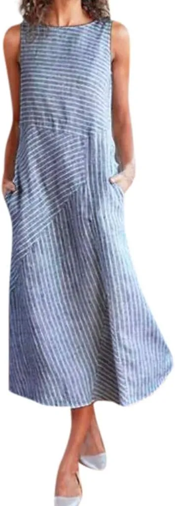 Women's Spring Dresses Casual Striped Sleeveless Round Neck Linen with Pockets Long Maxi Dress Petite, S-2XL