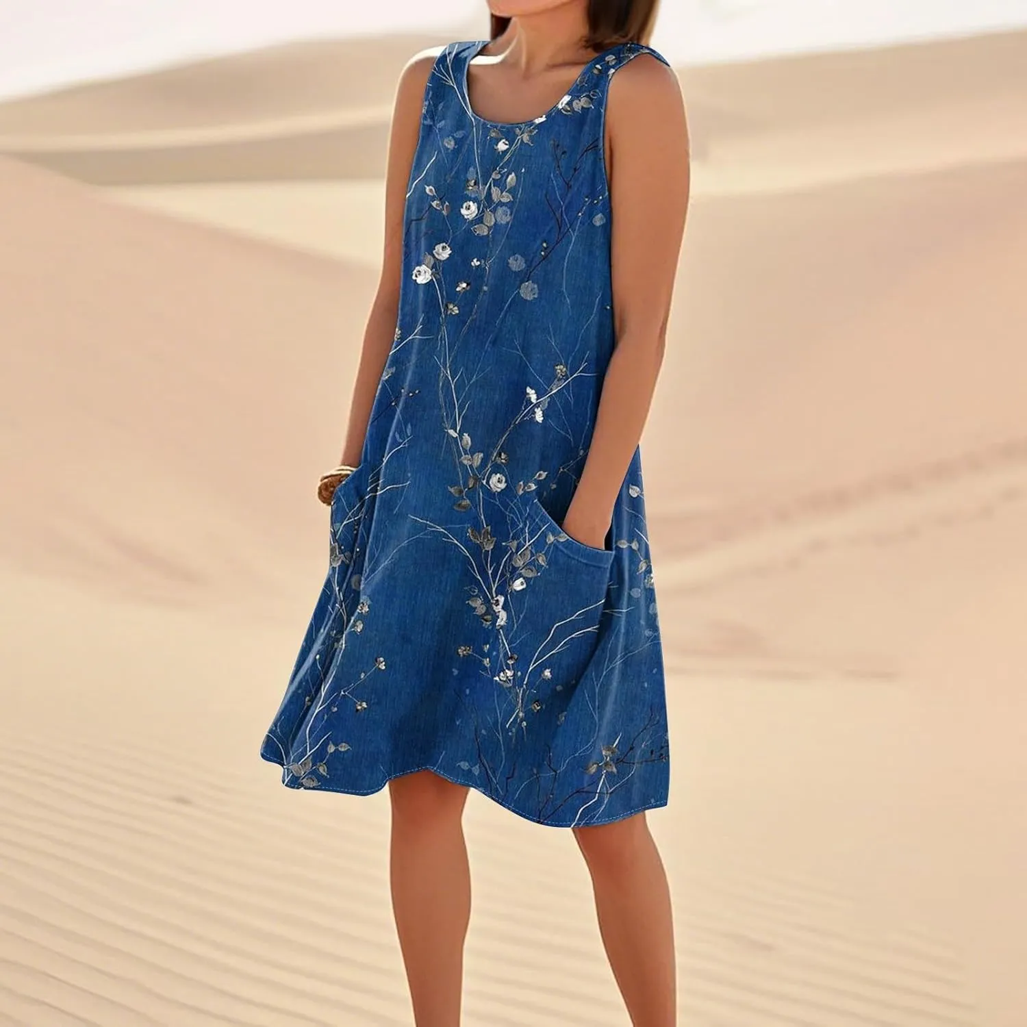 Women's Spring Dresses Round Neck Sleeveless Summer Sundresses Knee Length Tank with Pockets Vacation Dresses