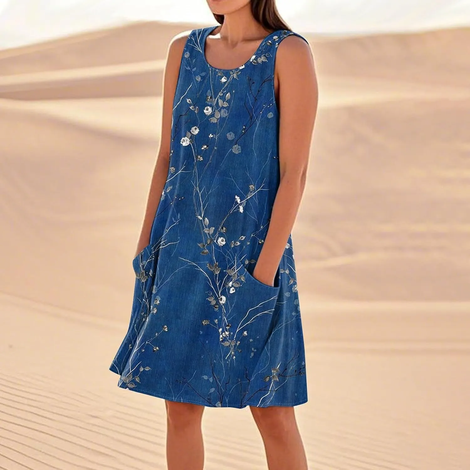 Women's Spring Dresses Round Neck Sleeveless Summer Sundresses Knee Length Tank with Pockets Vacation Dresses