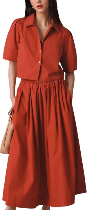 Womens Summer 2 Piece Outfits Skirt Sets Button Short Sleeve Tops Elastic Waist Maxi Dress Sets with Pockets(0266-Red-S)