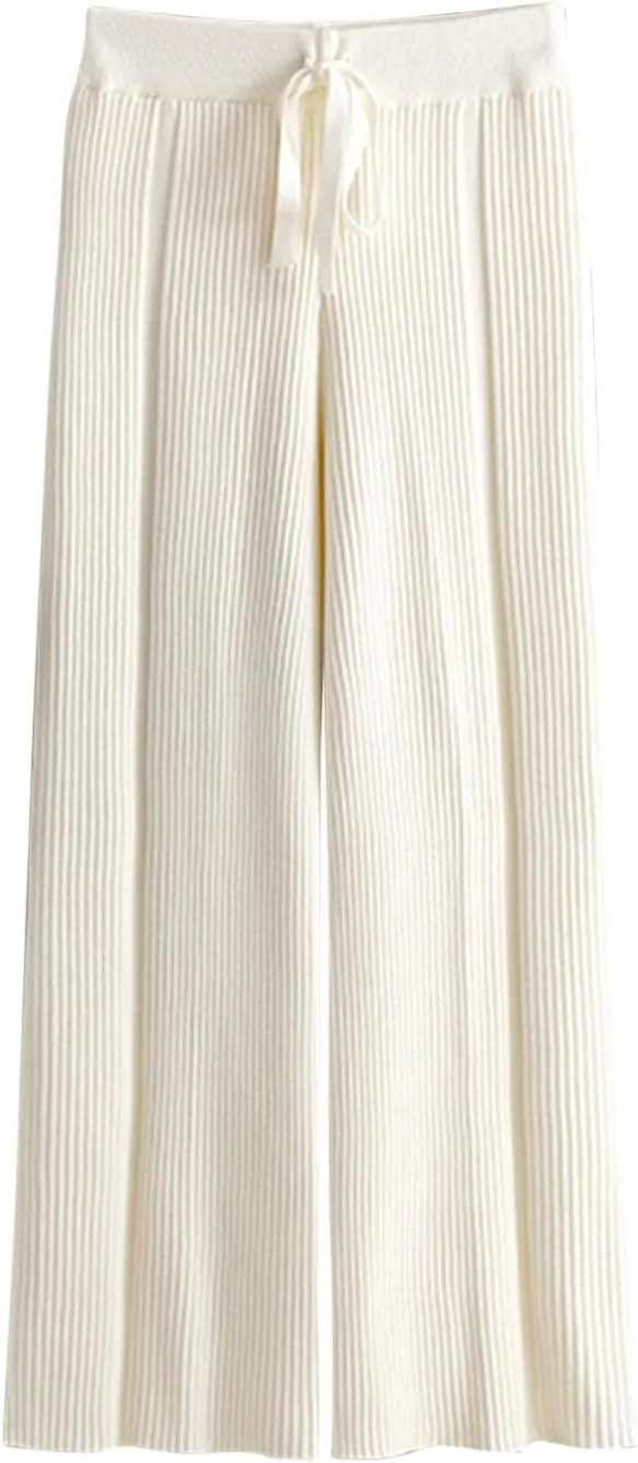 Women's Summer Autumn Trousers Solid Color Wide Leg Pants Ribbed Knitted Casual Pant High Waist Drape Loose Trouser