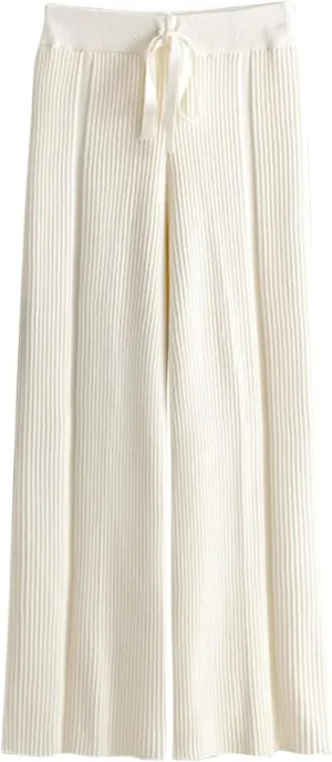 Women's Summer Autumn Trousers Solid Color Wide Leg Pants Ribbed Knitted Casual Pant High Waist Drape Loose Trouser