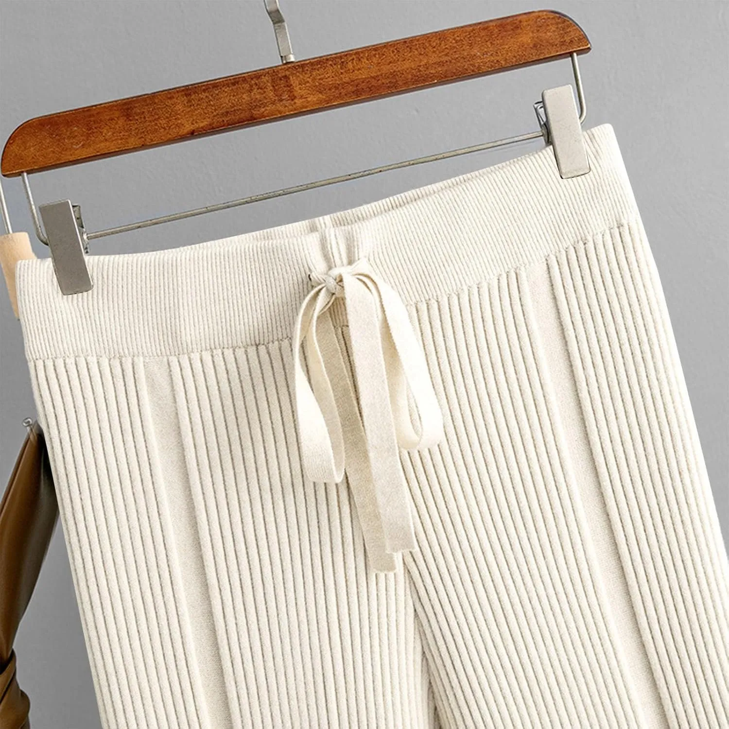 Women's Summer Autumn Trousers Solid Color Wide Leg Pants Ribbed Knitted Casual Pant High Waist Drape Loose Trouser