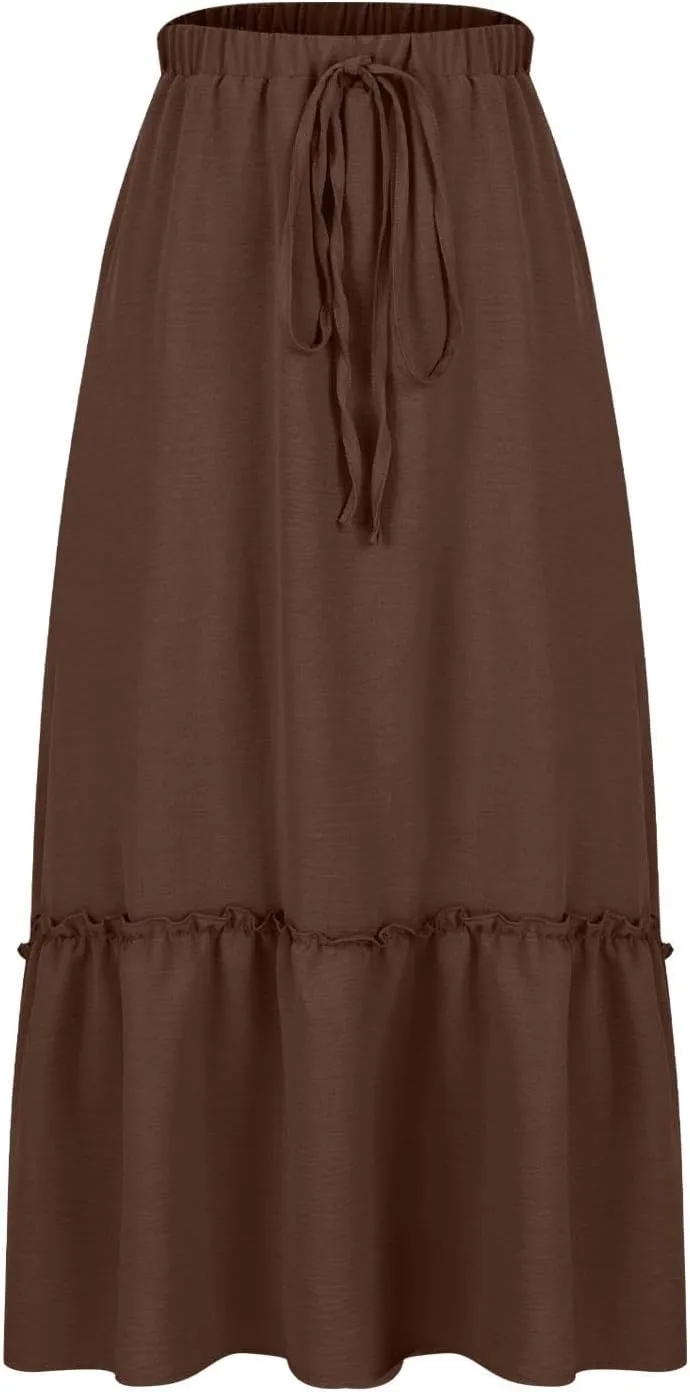 Womens Summer Beach Skirts Lace-Up Elastic Waist Fashion Solid Color A-Line Flowy Skirt Wrinkle Midi Skirts