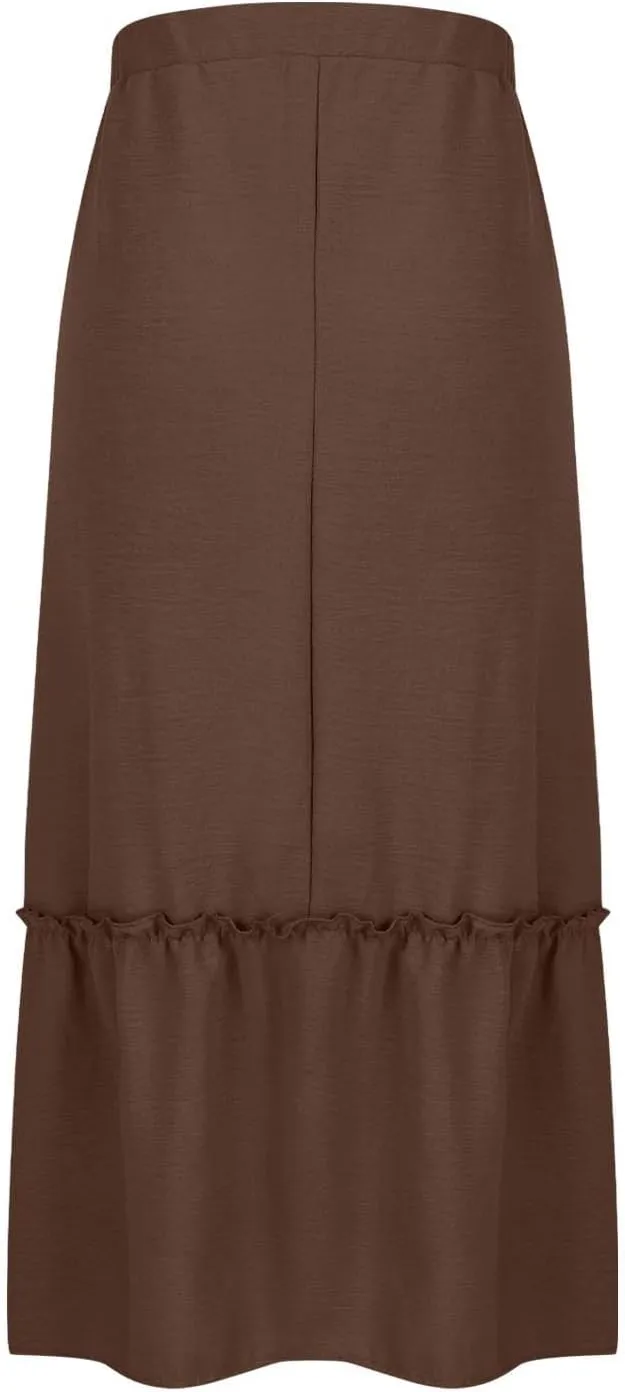 Womens Summer Beach Skirts Lace-Up Elastic Waist Fashion Solid Color A-Line Flowy Skirt Wrinkle Midi Skirts