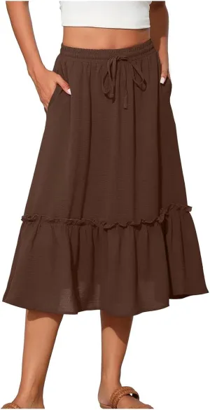 Womens Summer Beach Skirts Lace-Up Elastic Waist Fashion Solid Color A-Line Flowy Skirt Wrinkle Midi Skirts