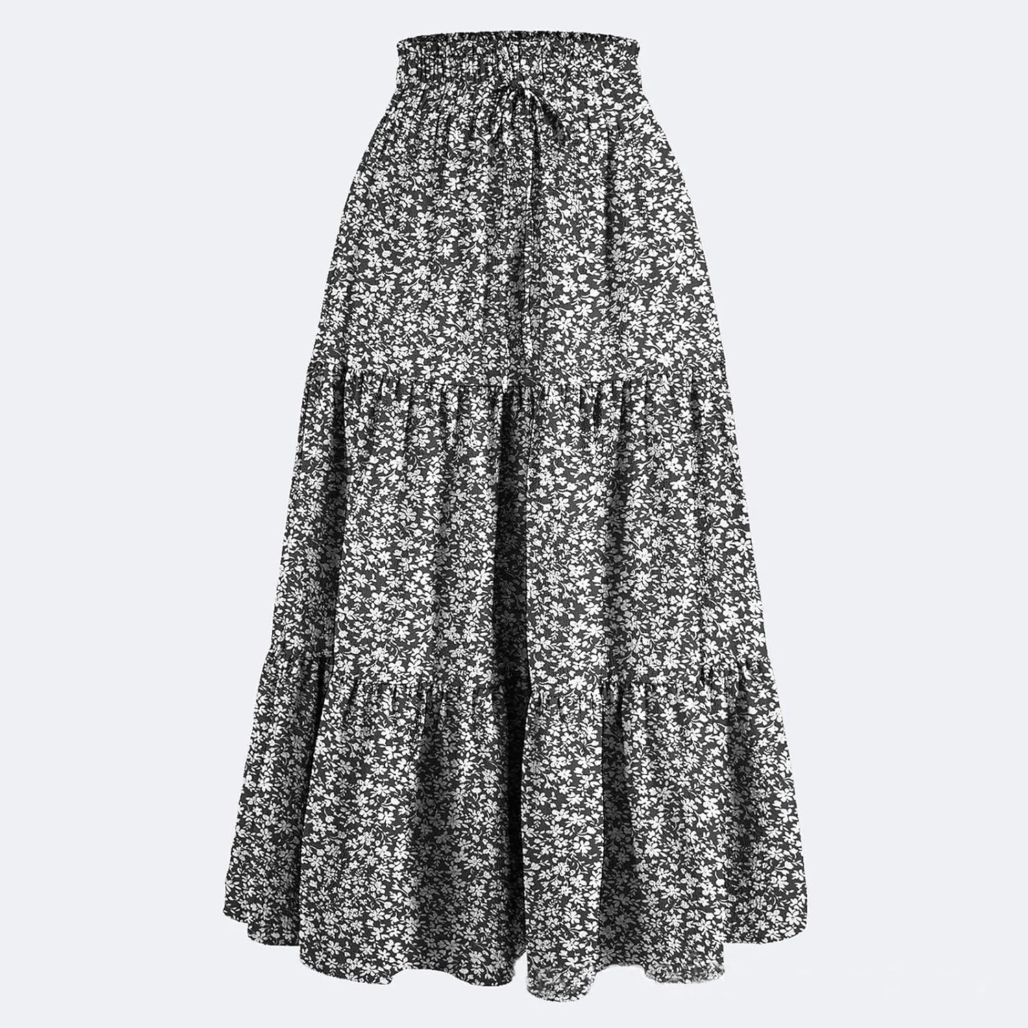 Womens Summer Casual A-Line Long Skirt Tiered High Waist Beach Outfits Elastic Waist Bohemian Print Maxi Skirt