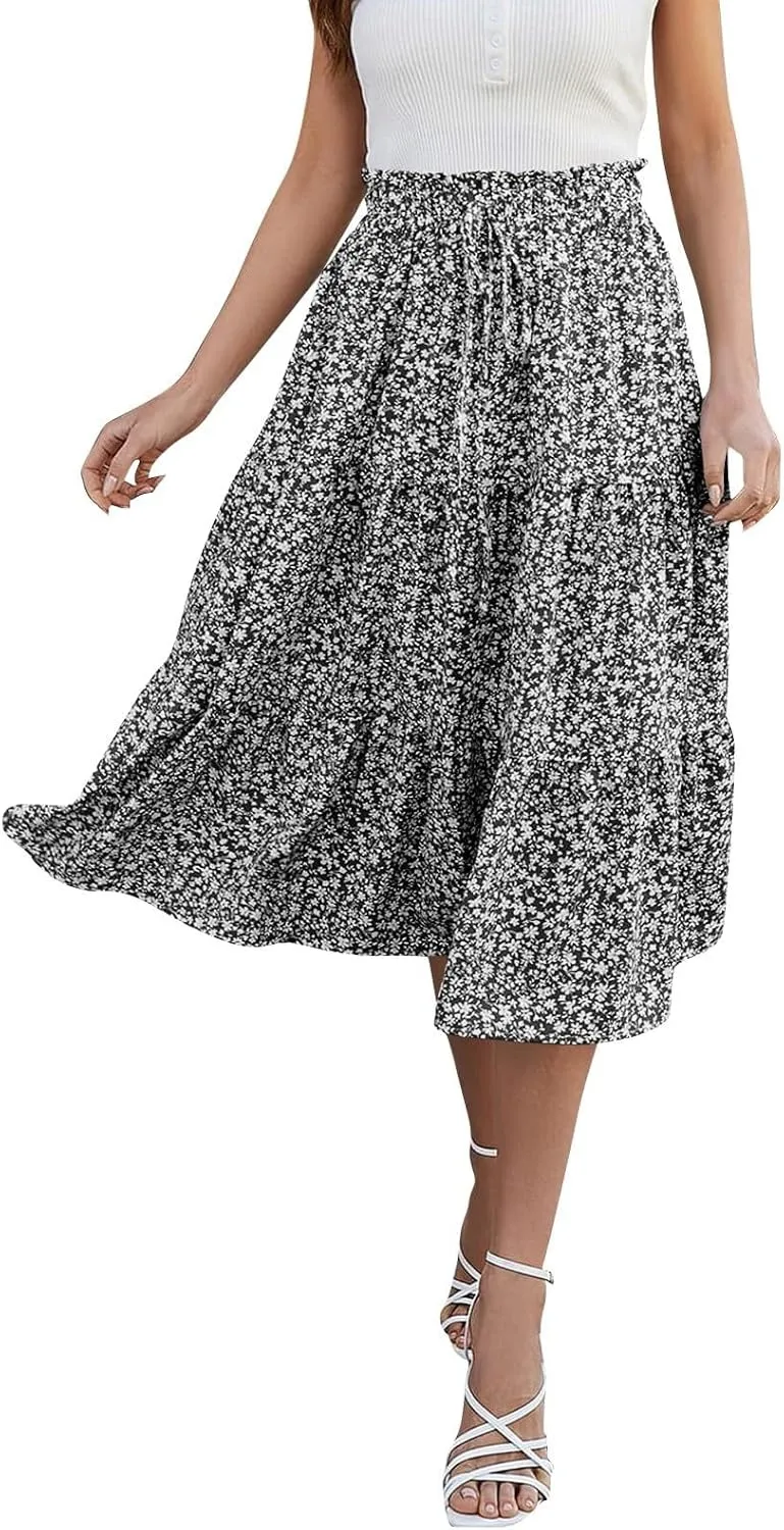 Womens Summer Casual A-Line Long Skirt Tiered High Waist Beach Outfits Elastic Waist Bohemian Print Maxi Skirt