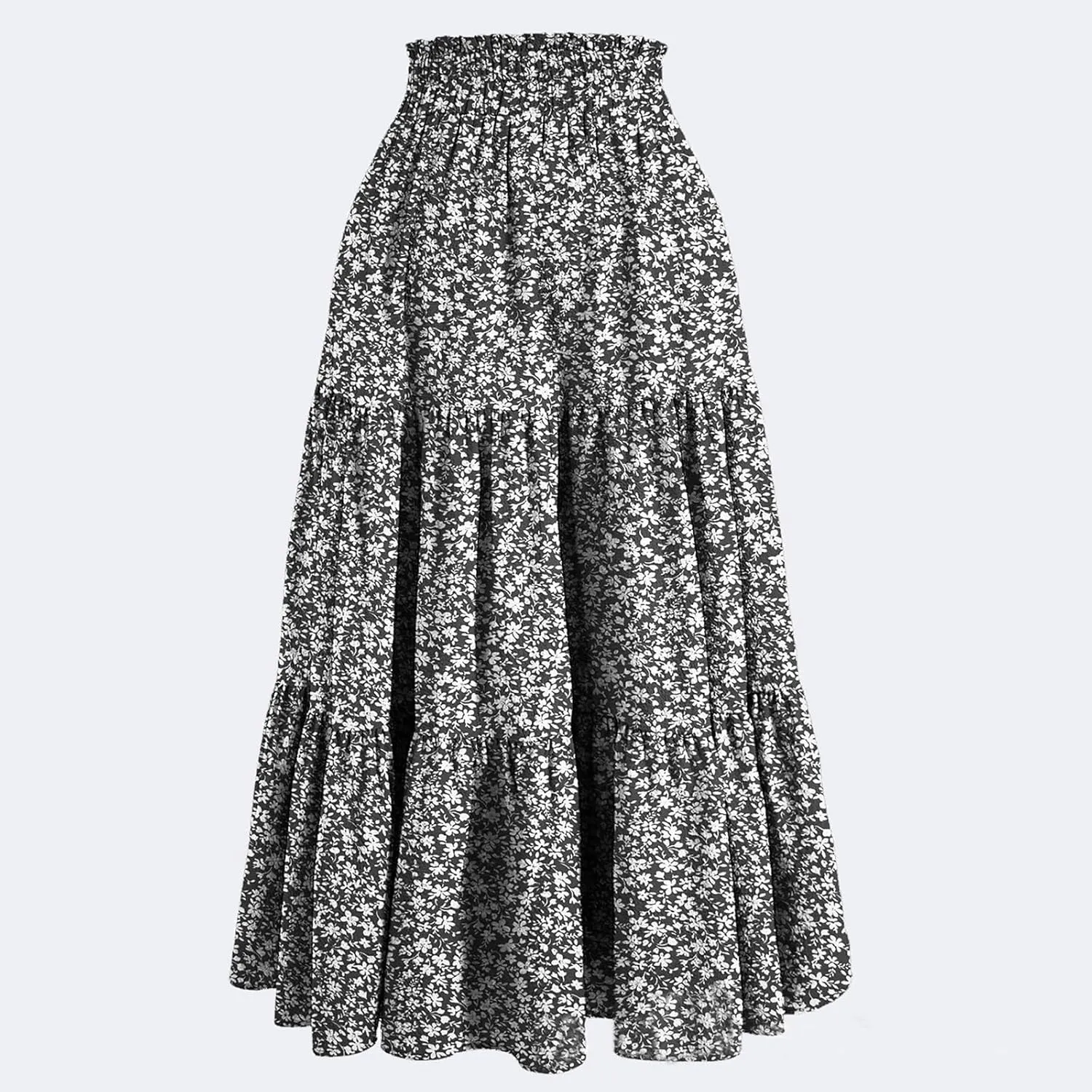 Womens Summer Casual A-Line Long Skirt Tiered High Waist Beach Outfits Elastic Waist Bohemian Print Maxi Skirt